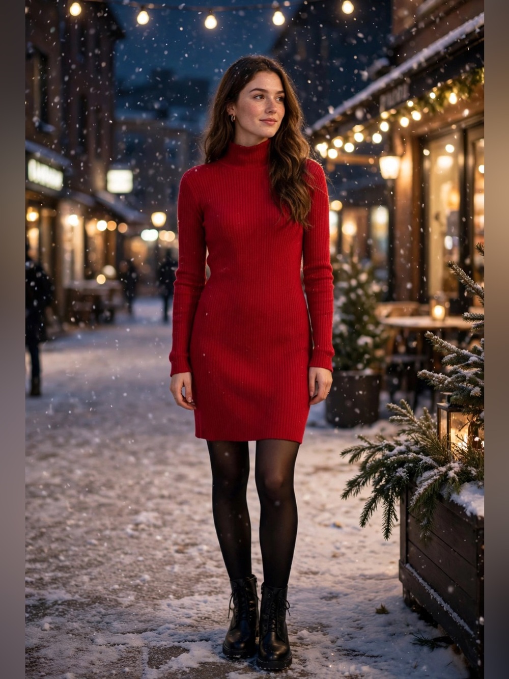 Ribbed Cowl Neck Sweater Dress in Red